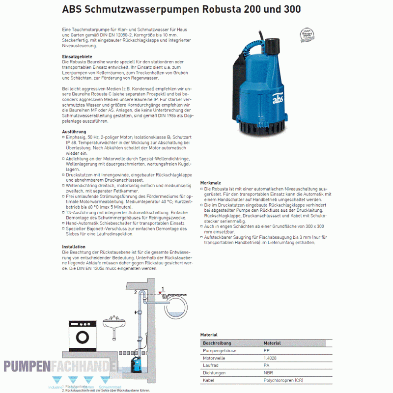 Robusta 200 230V 50 Hz 0,3 KW 10m Kabel mit integriertem Schwimmersch